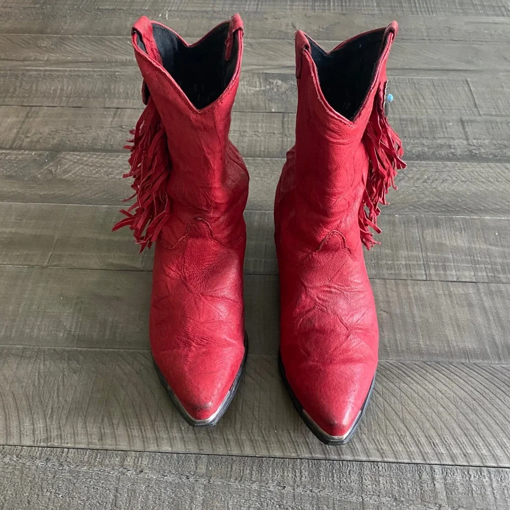 Vintage Sage Abilene Red Leather Fringe Western Boots Concho Turquoise Sz 8M USA